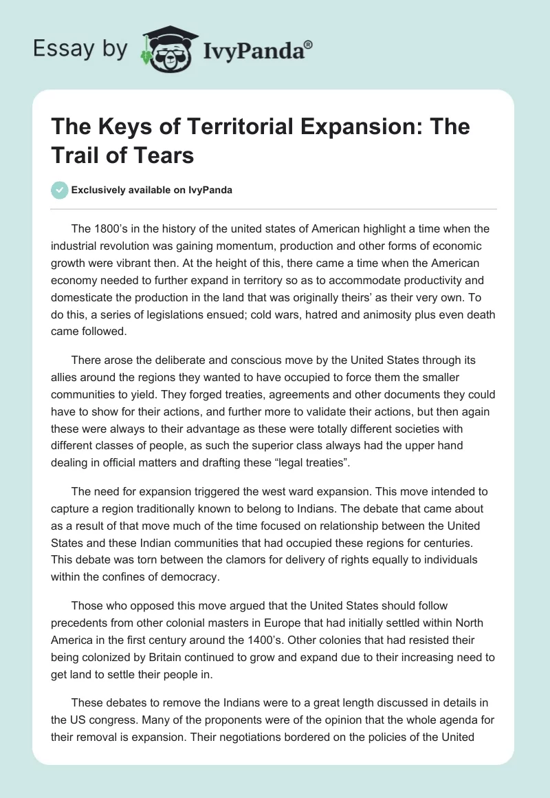 The Keys of Territorial Expansion: The Trail of Tears. Page 1