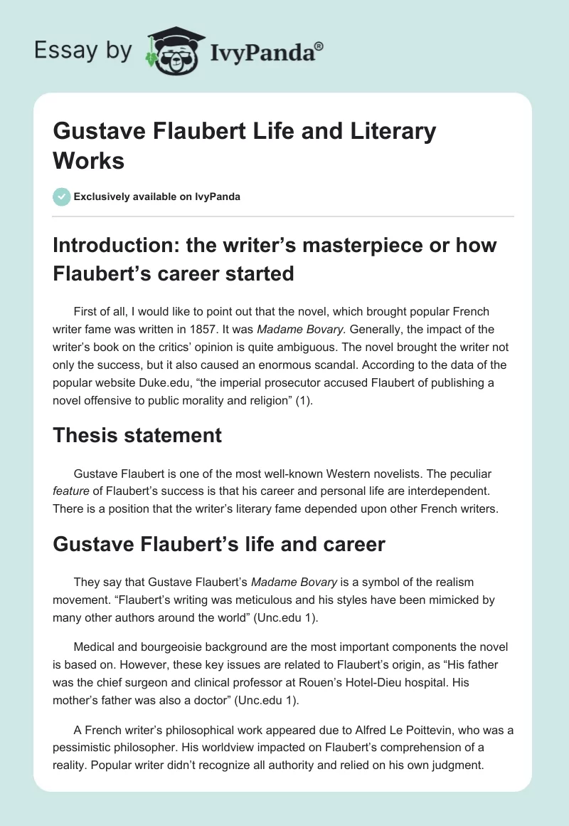 Gustave Flaubert Life and Literary Works. Page 1