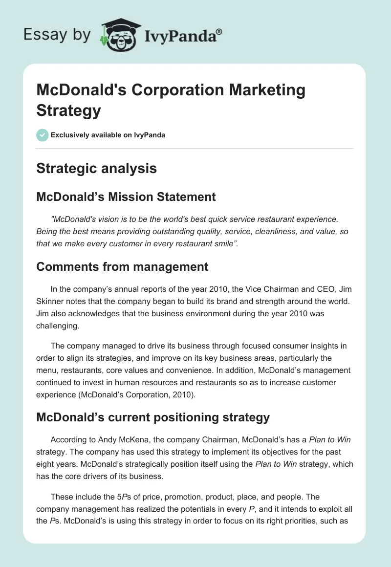 McDonald's Corporation Marketing Strategy. Page 1