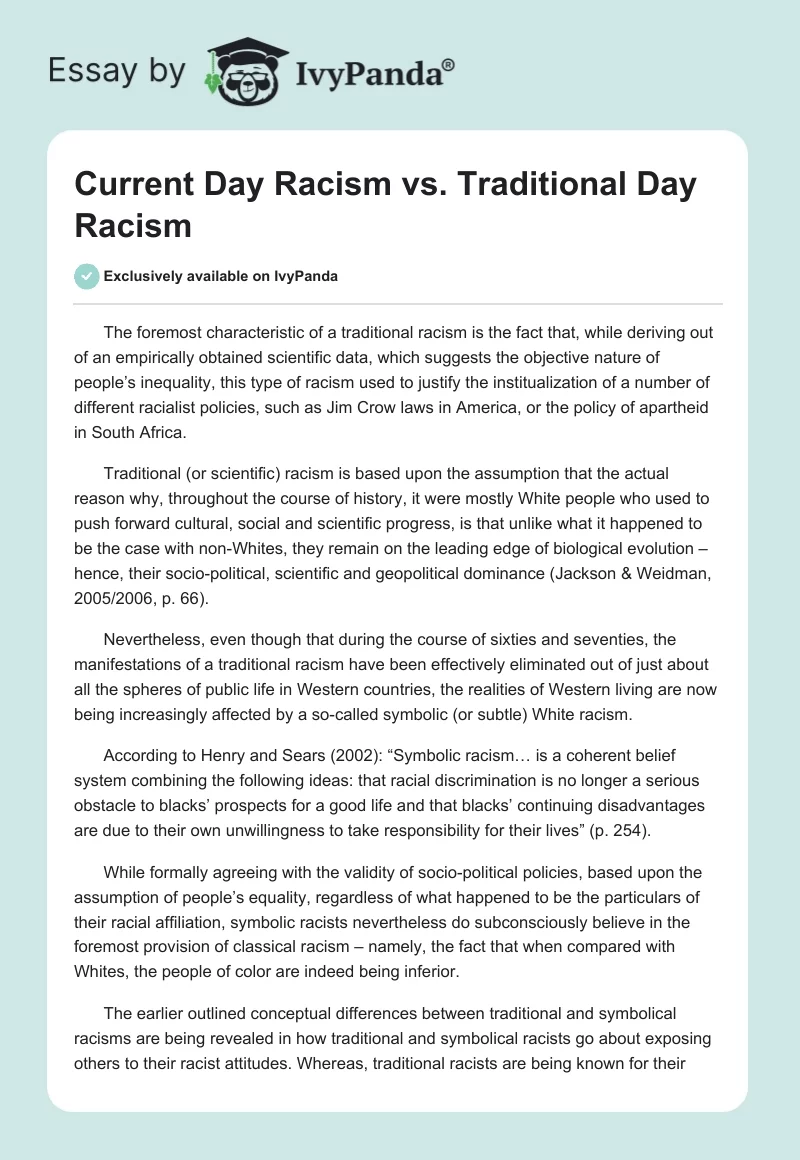 Current Day Racism vs. Traditional Day Racism. Page 1