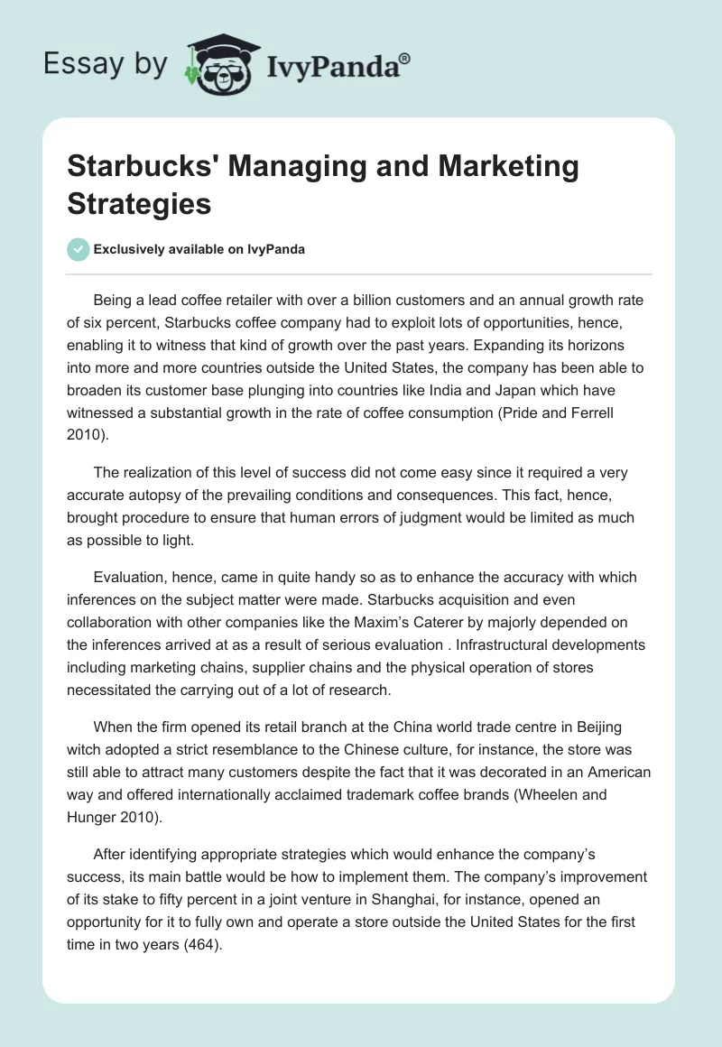 Starbucks' Managing and Marketing Strategies. Page 1