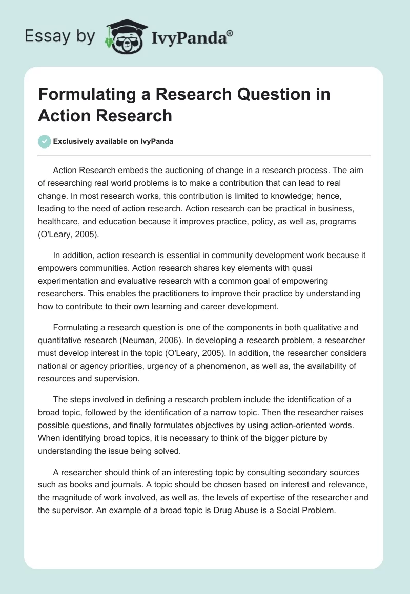 Formulating a Research Question in Action Research. Page 1