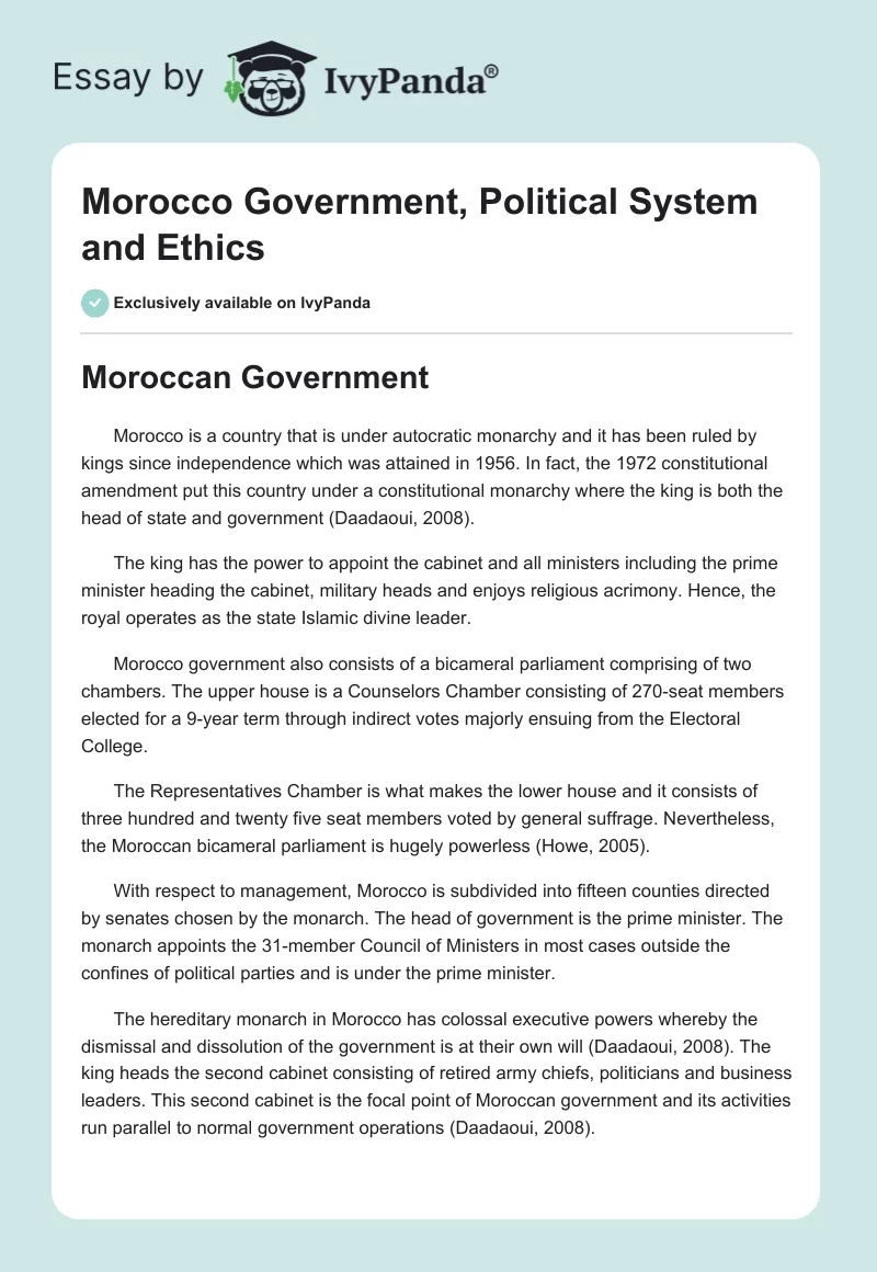 Morocco Government, Political System and Ethics. Page 1