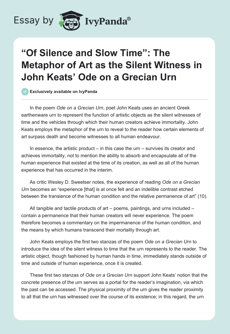 “Of Silence and Slow Time”: The Metaphor of Art as the Silent Witness in John Keats’ Ode on a Grecian Urn. Page 1