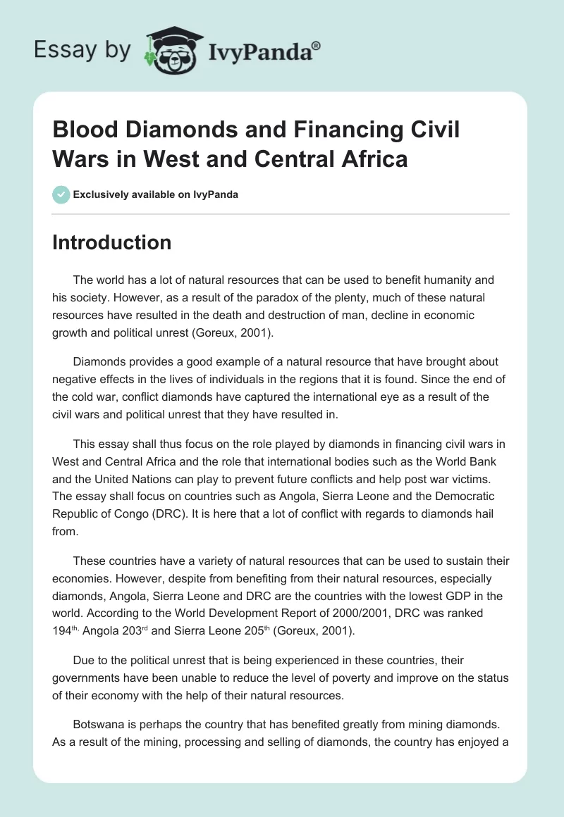 Blood Diamonds and Financing Civil Wars in West and Central Africa. Page 1