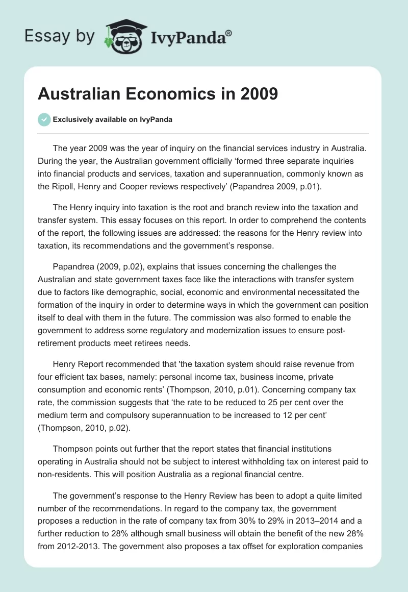 Australian Economics in 2009. Page 1