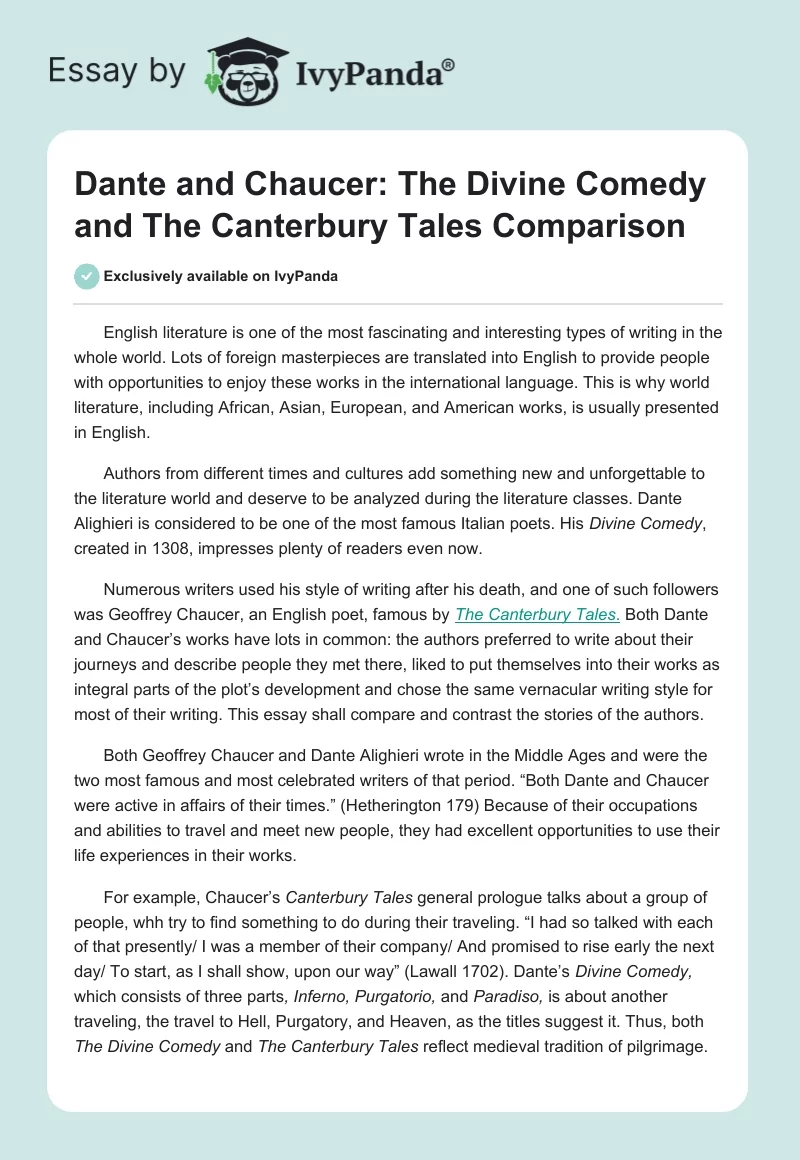 Dante and Chaucer: The Divine Comedy and The Canterbury Tales Comparison. Page 1