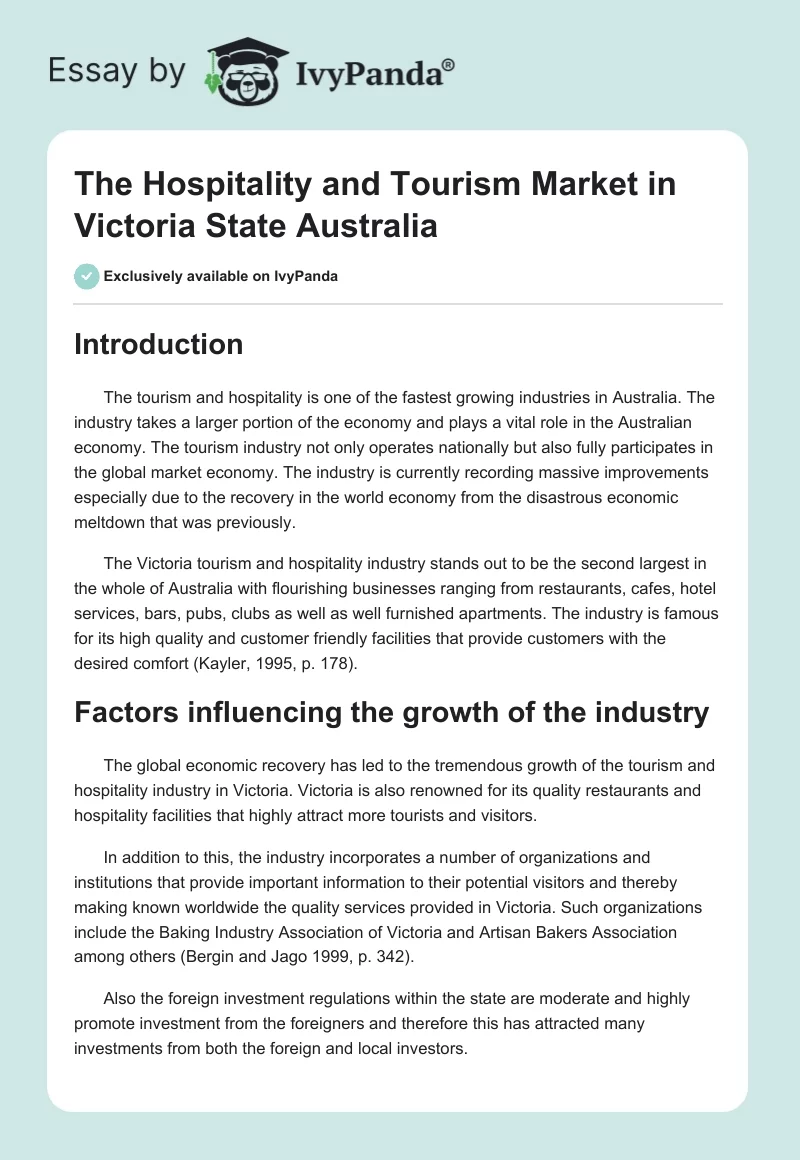 The Hospitality and Tourism Market in Victoria State Australia. Page 1
