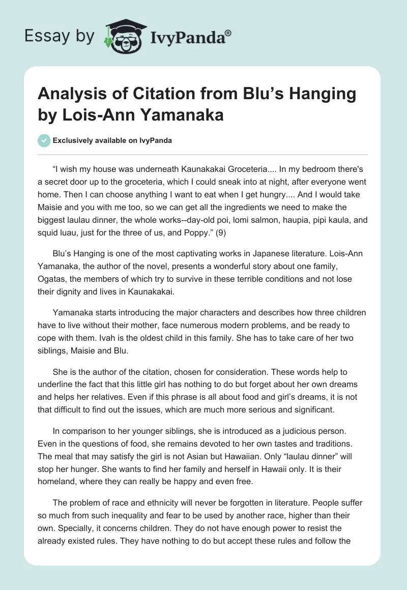 Analysis of Citation from Blu’s Hanging by Lois-Ann Yamanaka. Page 1