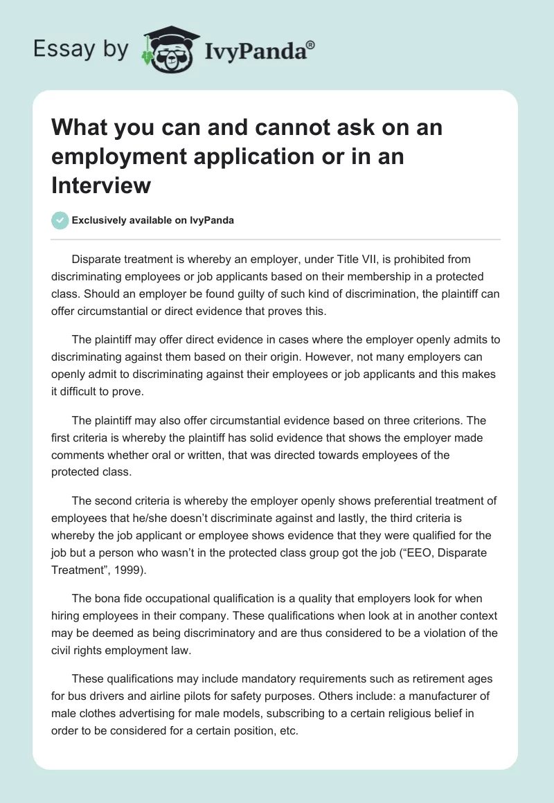 What you can and cannot ask on an employment application or in an Interview. Page 1