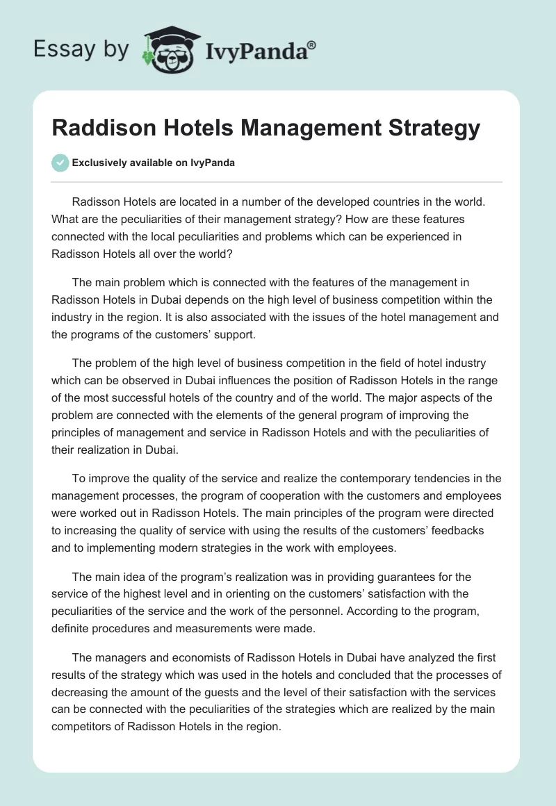 Raddison Hotels Management Strategy. Page 1