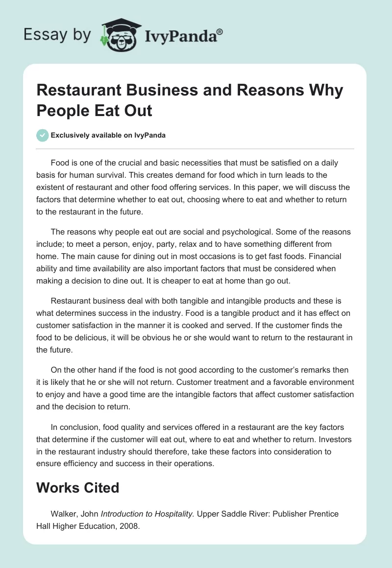 Restaurant Business and Reasons Why People Eat Out . Page 1