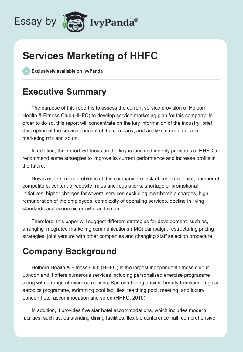 Services Marketing of HHFC. Page 1
