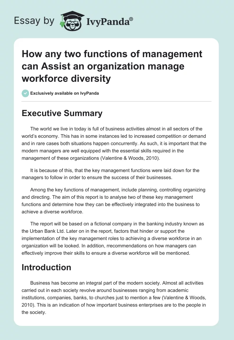 How any two functions of management can Assist an organization manage workforce diversity. Page 1