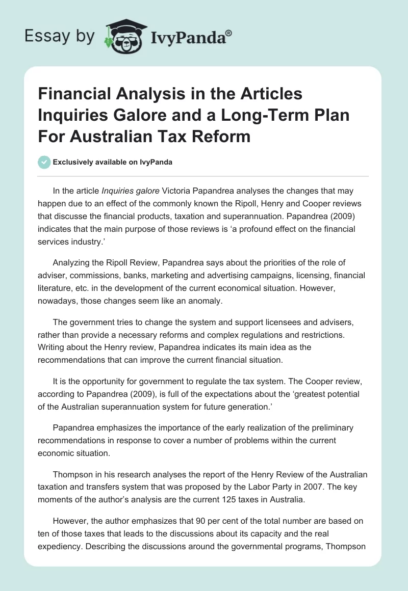 Financial Analysis in the Articles Inquiries Galore and a Long-Term Plan For Australian Tax Reform. Page 1