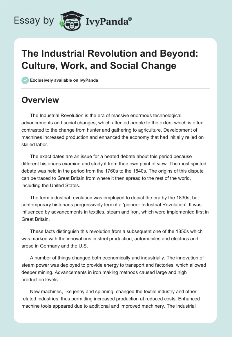 The Industrial Revolution and Beyond: Culture, Work, and Social Change. Page 1