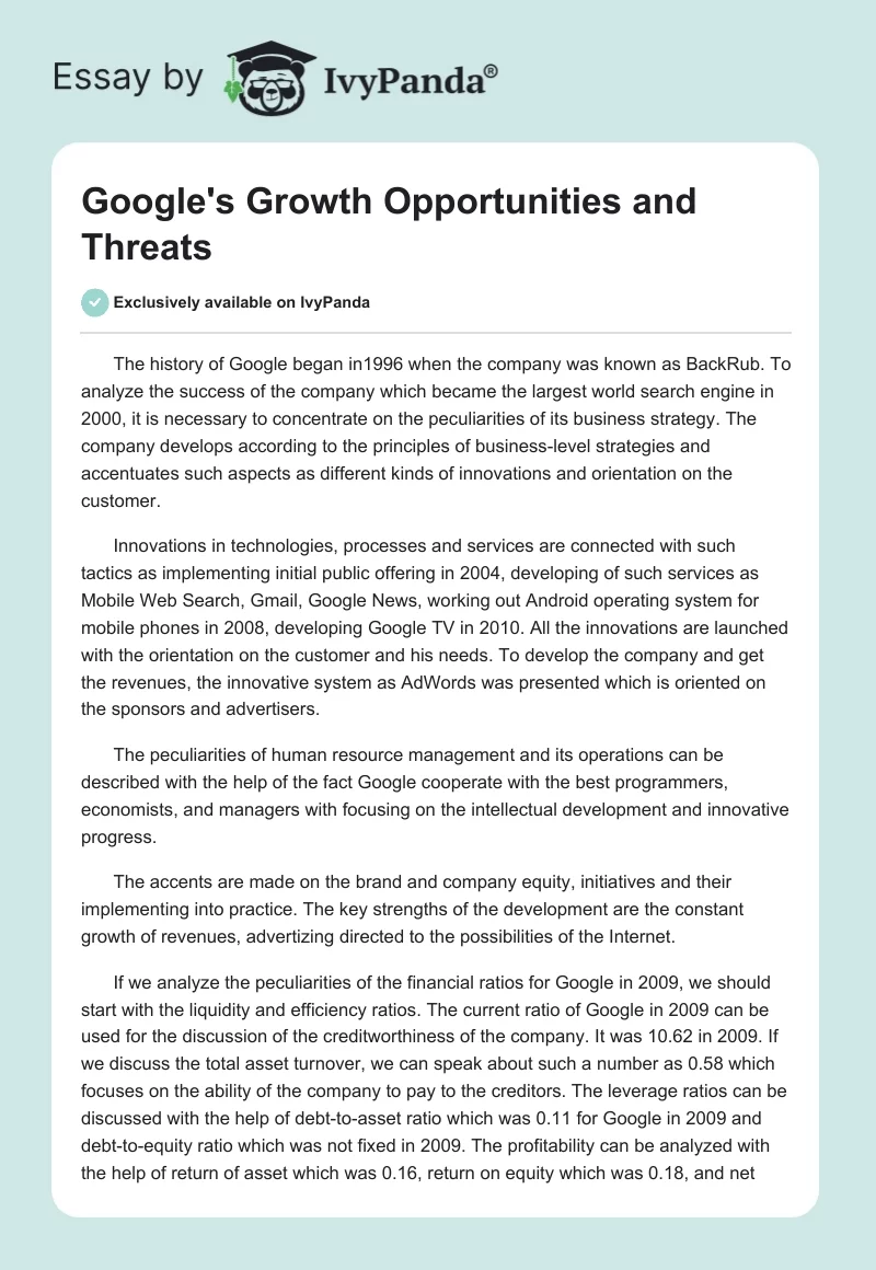 Google's Growth Opportunities and Threats. Page 1
