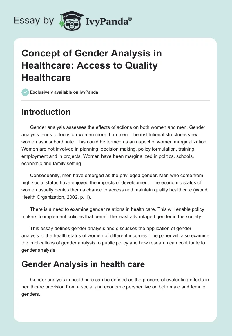 Concept of Gender Analysis in Healthcare: Access to Quality Healthcare. Page 1
