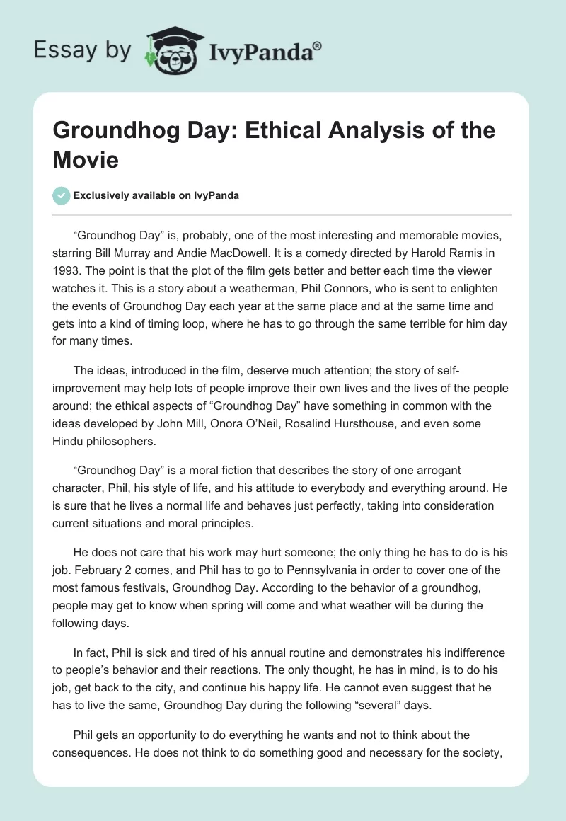 Groundhog Day: Ethical Analysis of the Movie. Page 1
