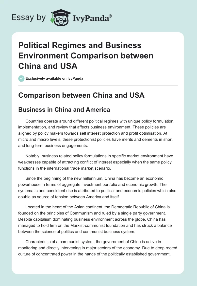 Political Regimes and Business Environment Comparison Between China and USA. Page 1