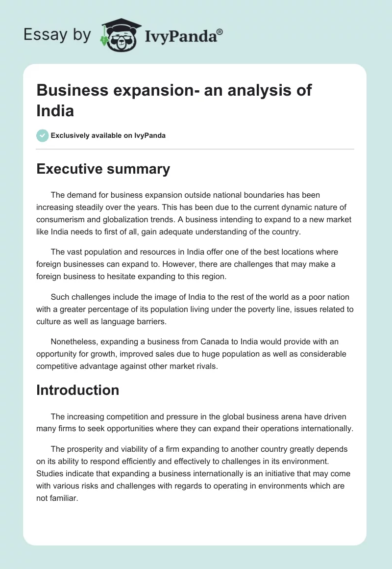 Business expansion- an analysis of India. Page 1