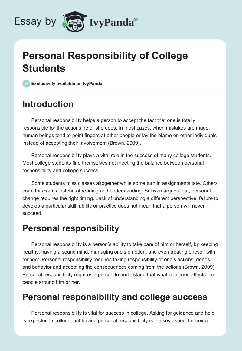 Personal Responsibility of College Students. Page 1