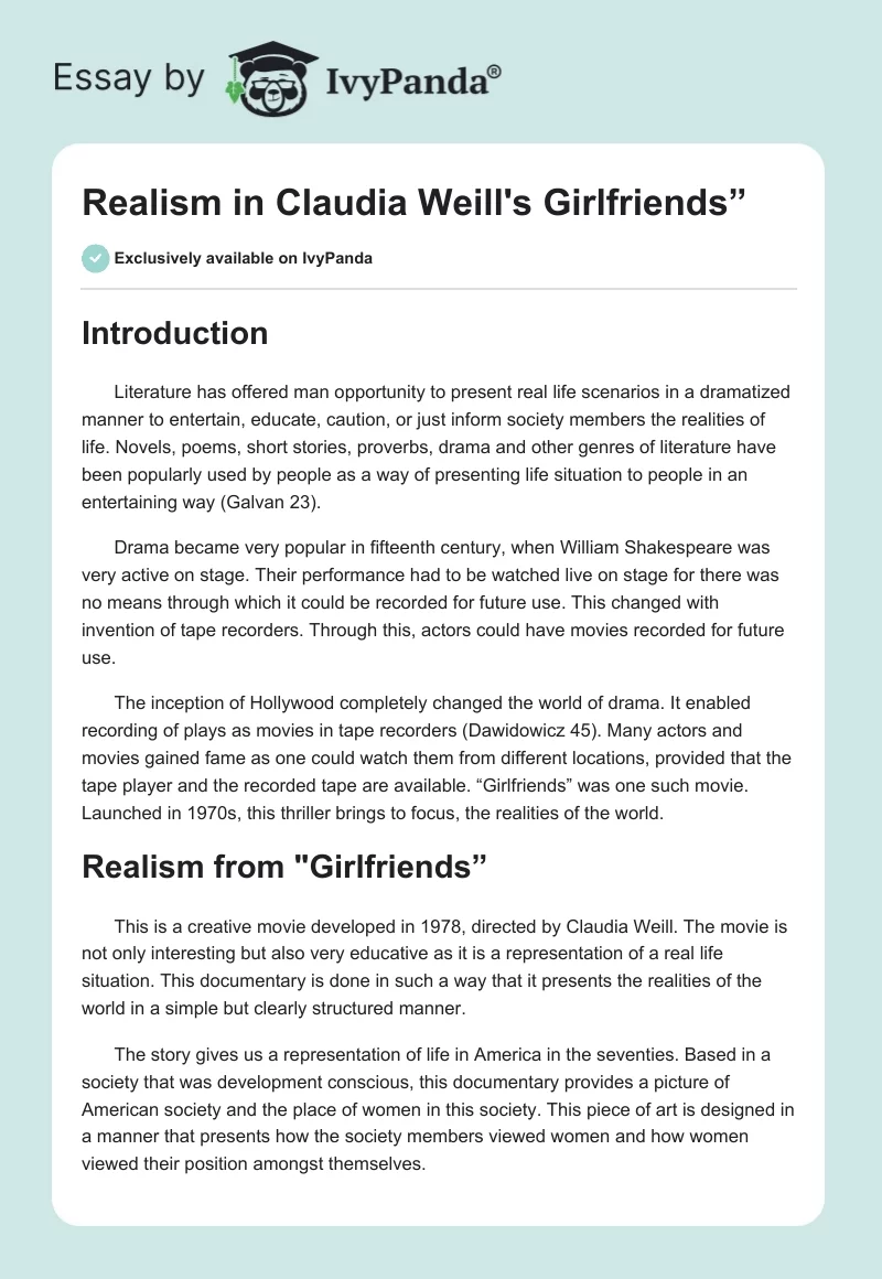 Realism in Claudia Weill's "Girlfriends”. Page 1