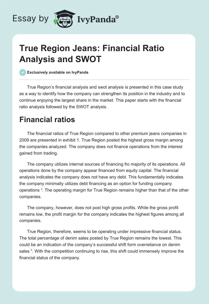 True Region Jeans: Financial Ratio Analysis and SWOT. Page 1
