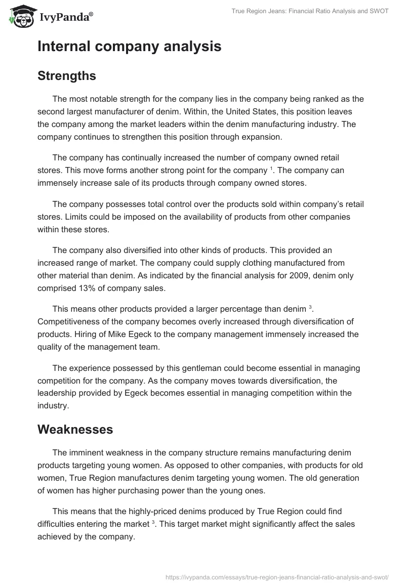 True Region Jeans: Financial Ratio Analysis and SWOT. Page 2