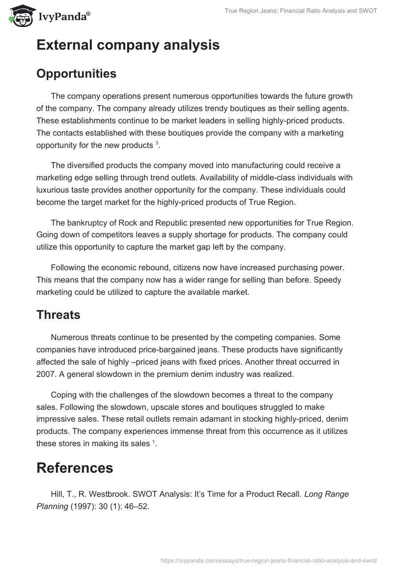 True Region Jeans: Financial Ratio Analysis and SWOT. Page 3