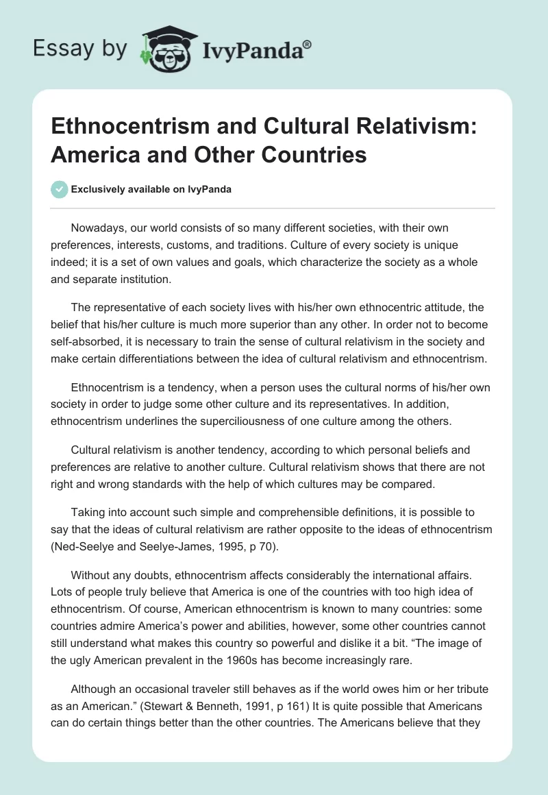 Ethnocentrism and Cultural Relativism: America and Other Countries. Page 1
