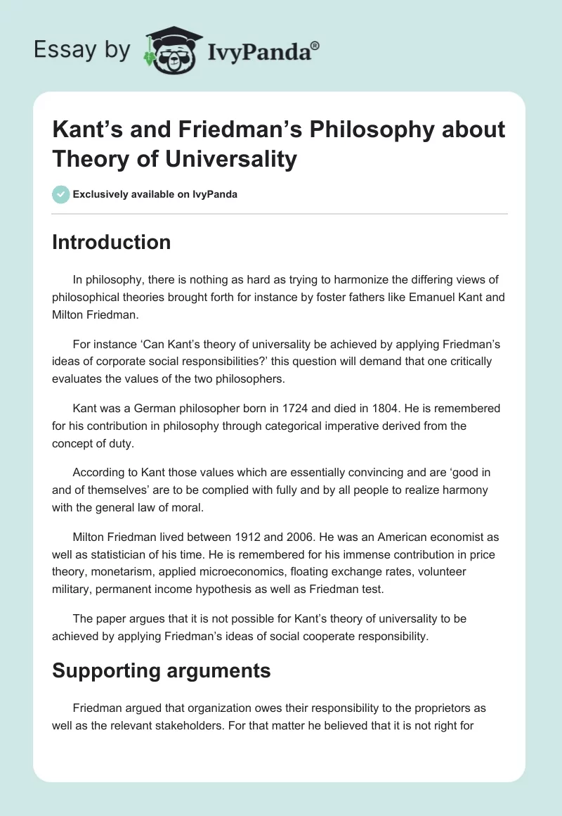 Kant’s and Friedman’s Philosophy about Theory of Universality. Page 1