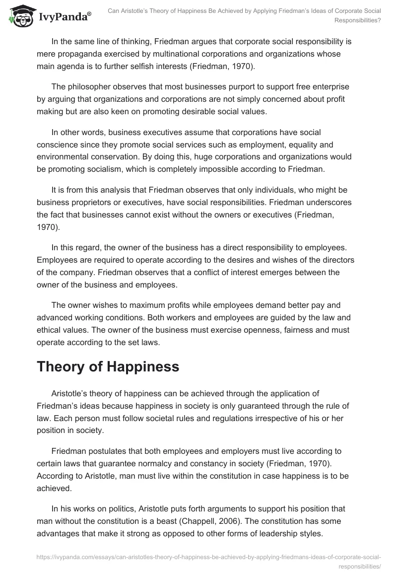 Can Aristotle’s Theory of Happiness Be Achieved by Applying Friedman’s Ideas of Corporate Social Responsibilities?. Page 2