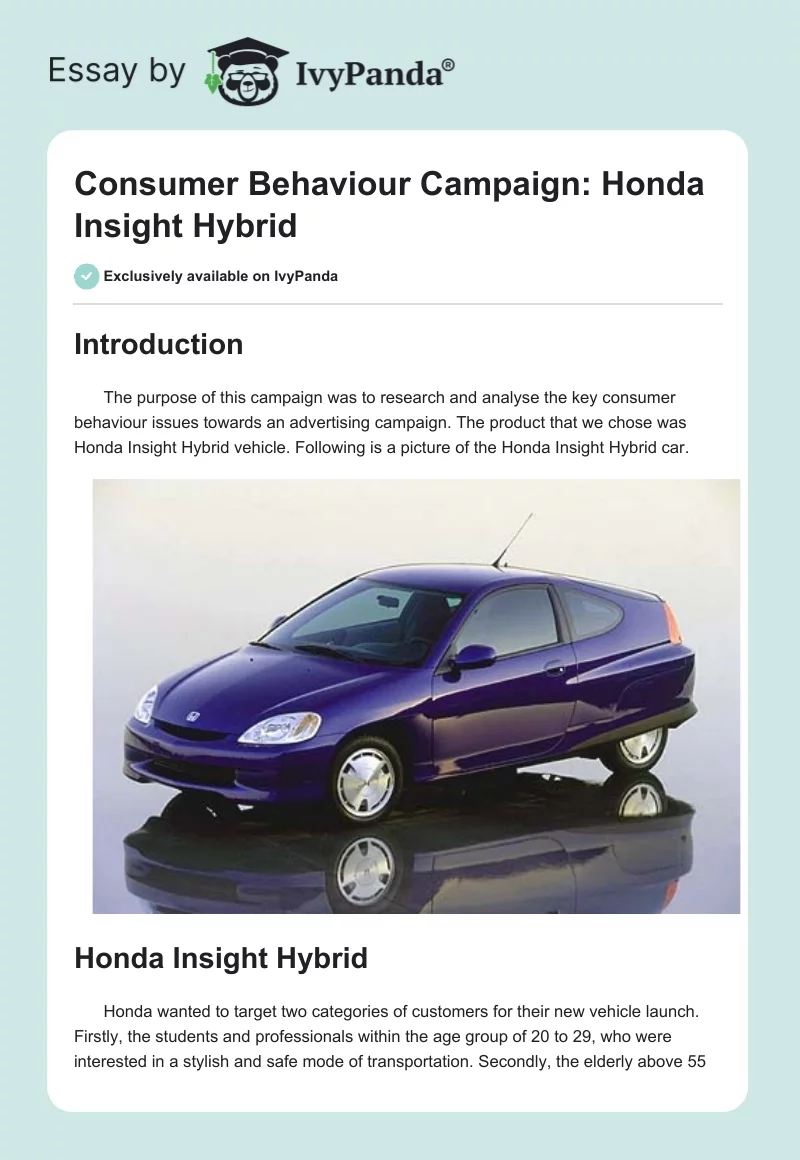 Consumer Behaviour Campaign: Honda Insight Hybrid. Page 1