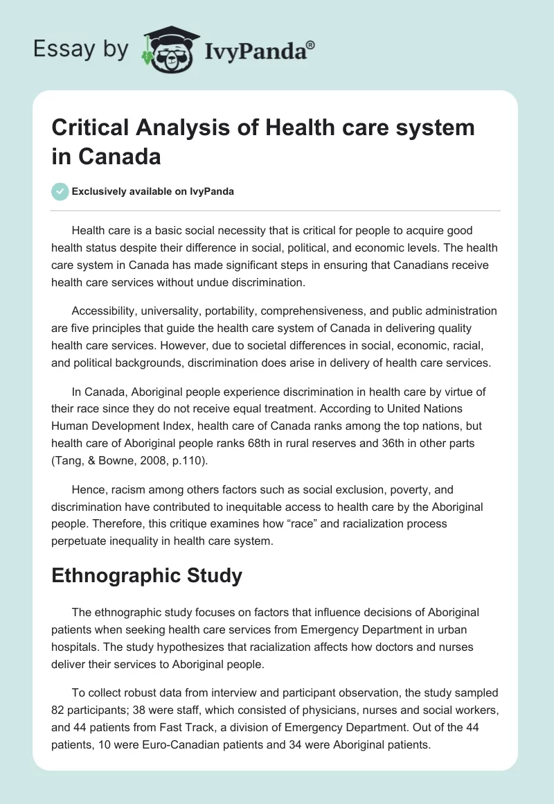 Critical Analysis of Health care system in Canada. Page 1