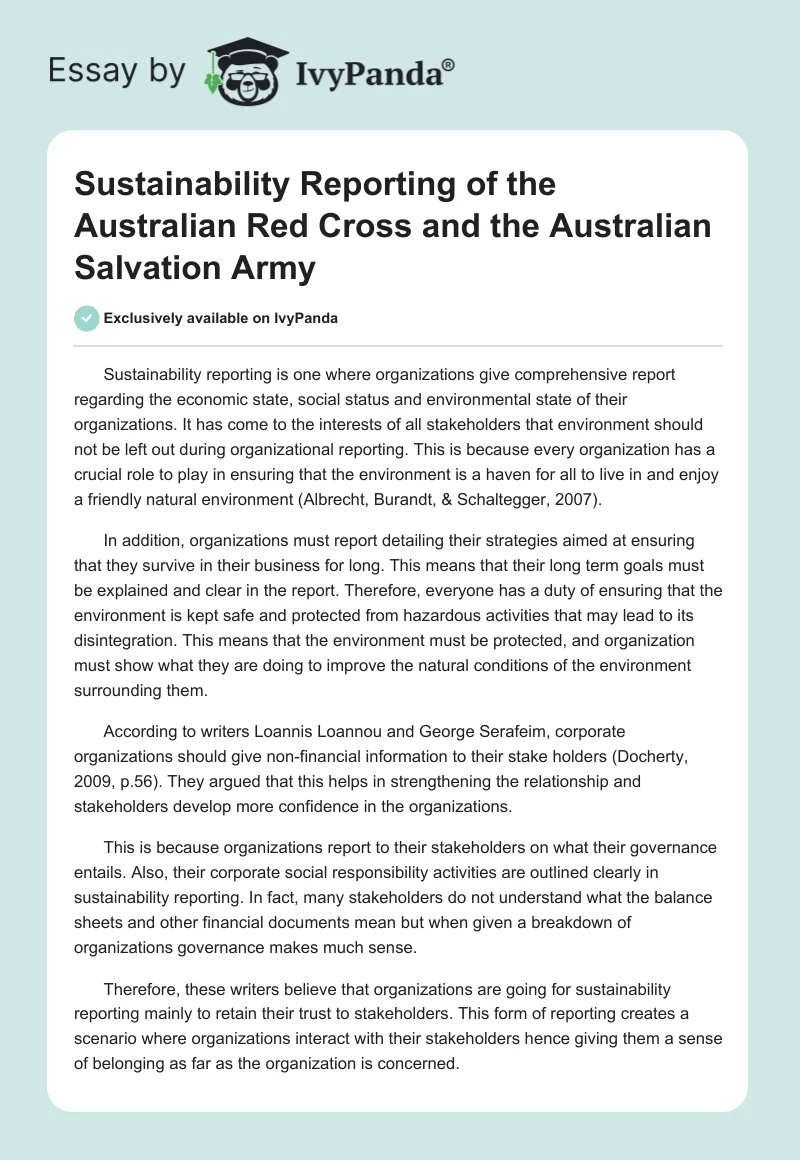 Sustainability Reporting of the Australian Red Cross and the Australian Salvation Army. Page 1