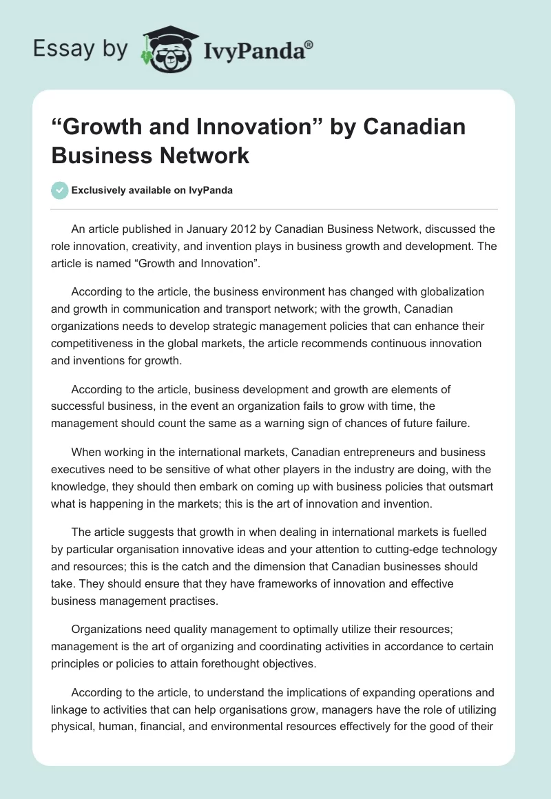 “Growth and Innovation” by Canadian Business Network. Page 1