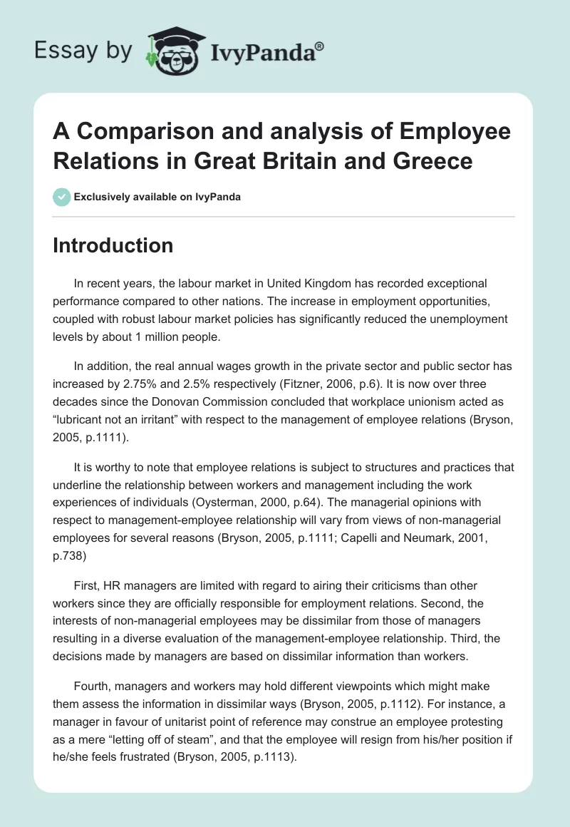 A Comparison and analysis of Employee Relations in Great Britain and Greece. Page 1