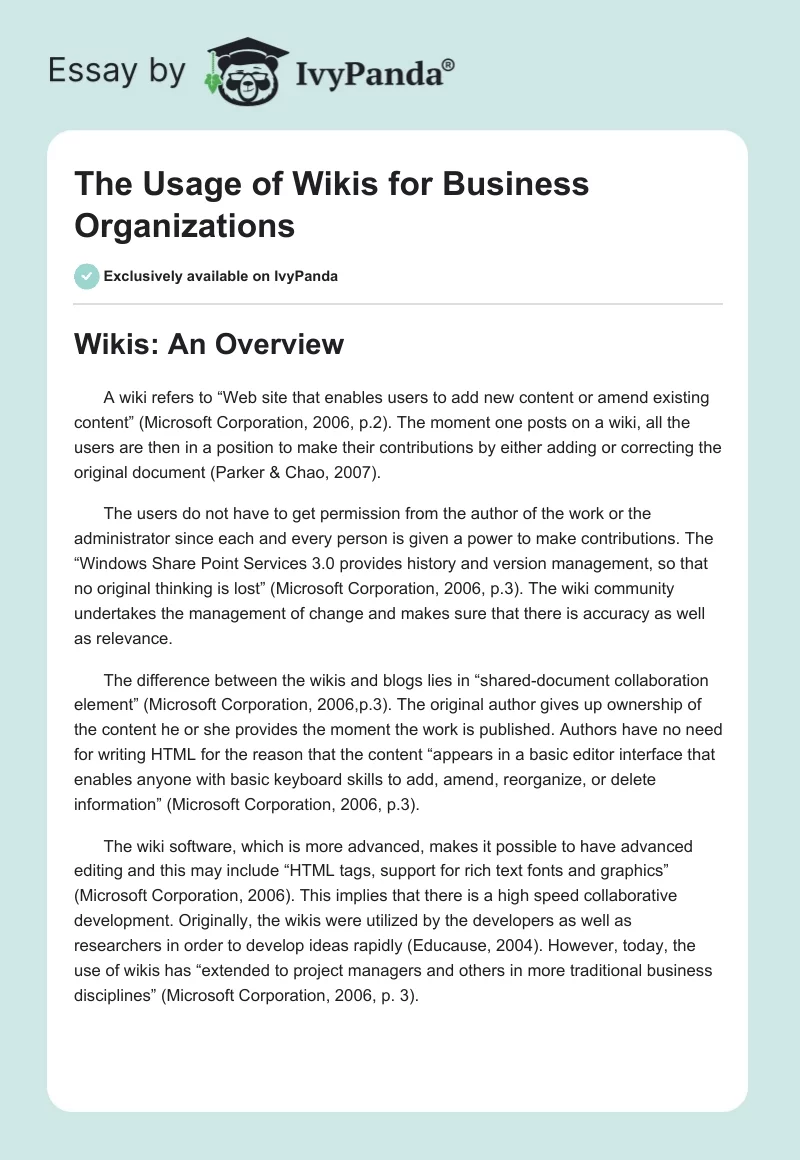The Usage of Wikis for Business Organizations. Page 1