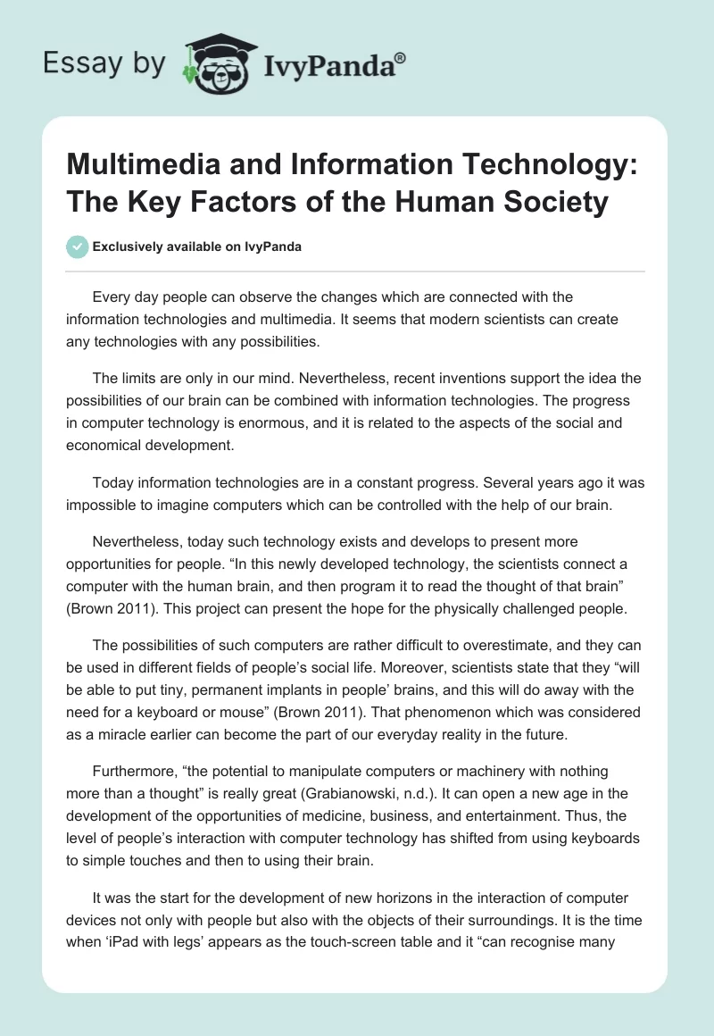 Multimedia and Information Technology: The Key Factors of the Human Society. Page 1