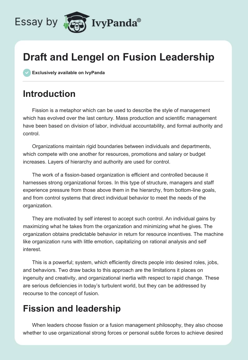 Draft and Lengel on Fusion Leadership. Page 1