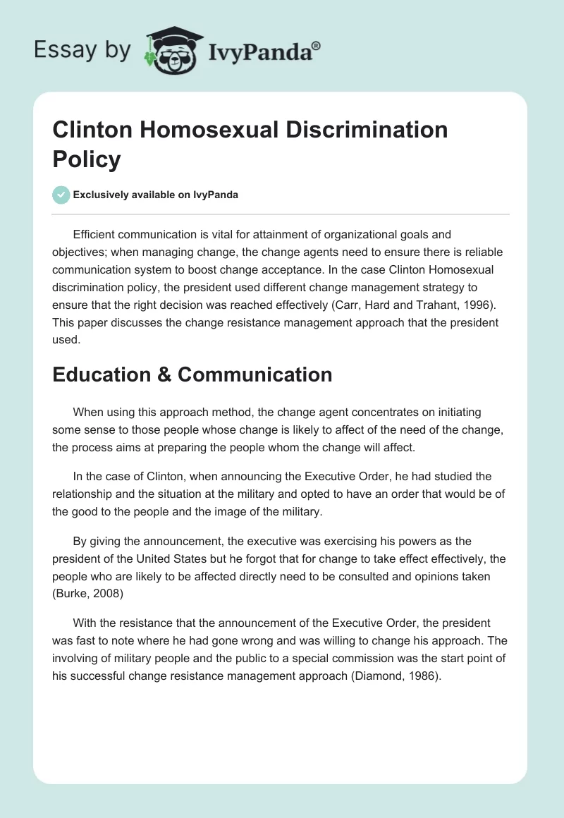 Clinton Homosexual Discrimination Policy. Page 1