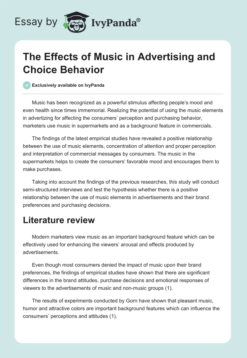The Effects of Music in Advertising and Choice Behavior. Page 1