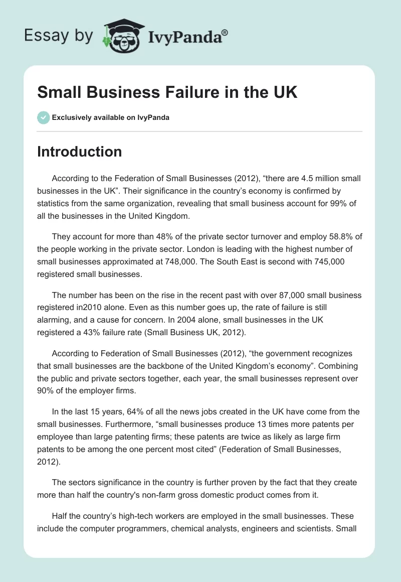 Small Business Failure in the UK. Page 1