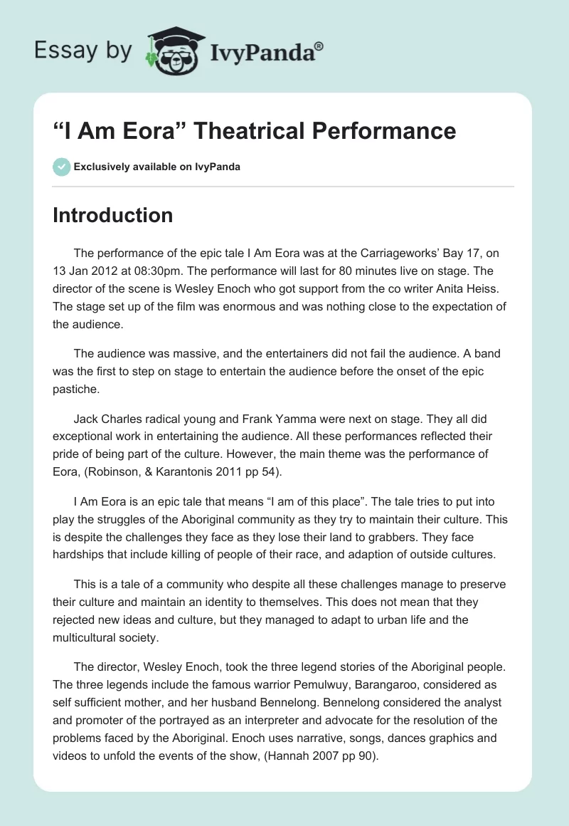 “I Am Eora” Theatrical Performance. Page 1