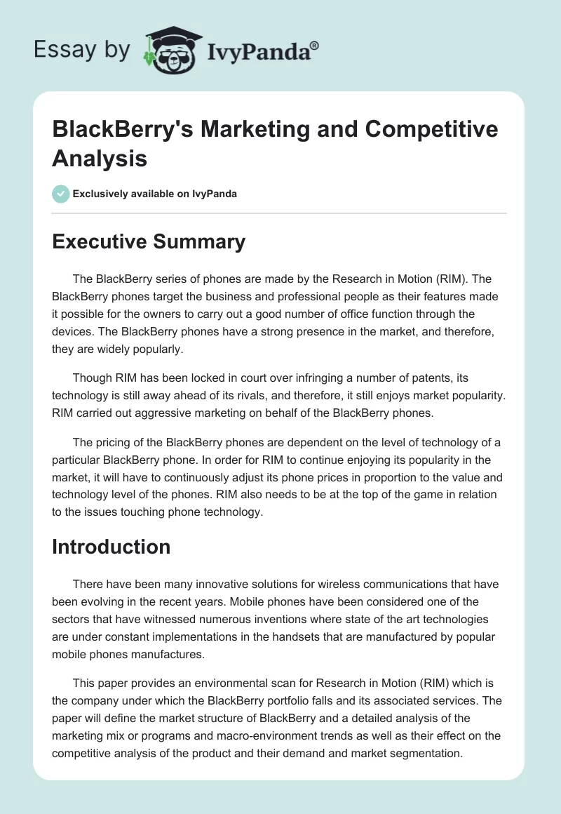 BlackBerry's Marketing and Competitive Analysis. Page 1
