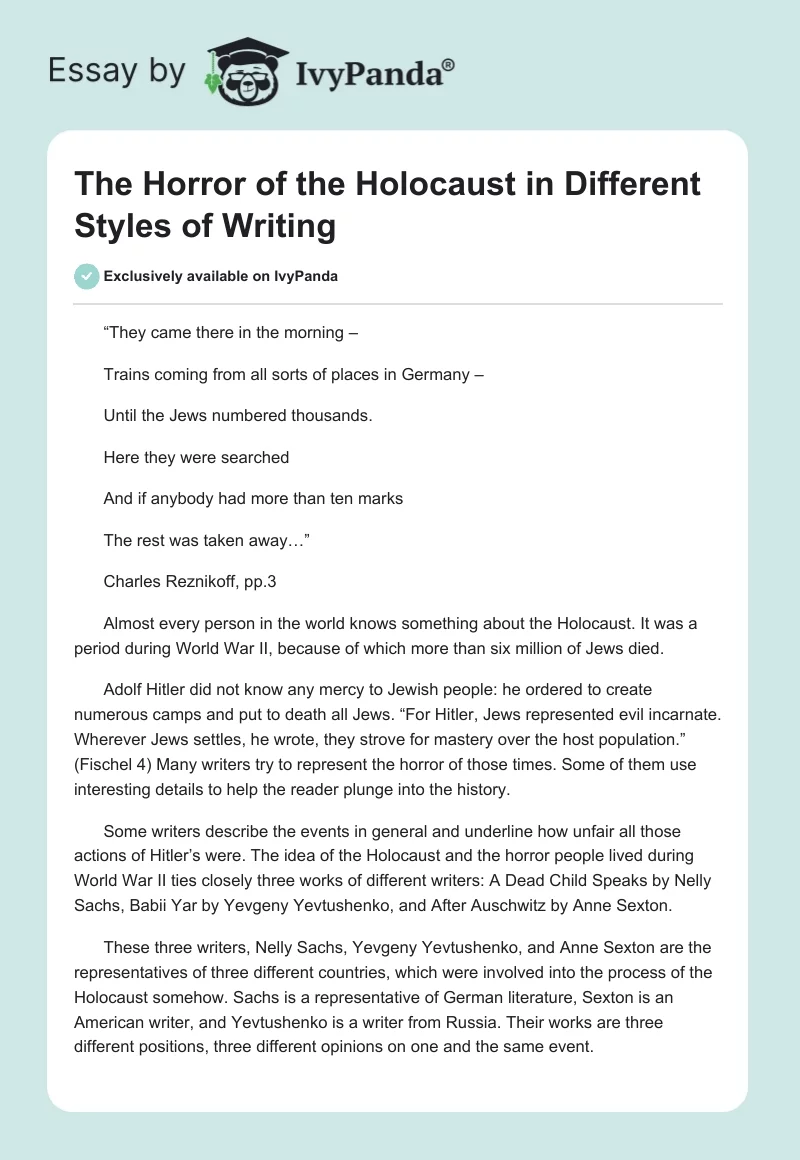 The Horror of the Holocaust in Different Styles of Writing. Page 1