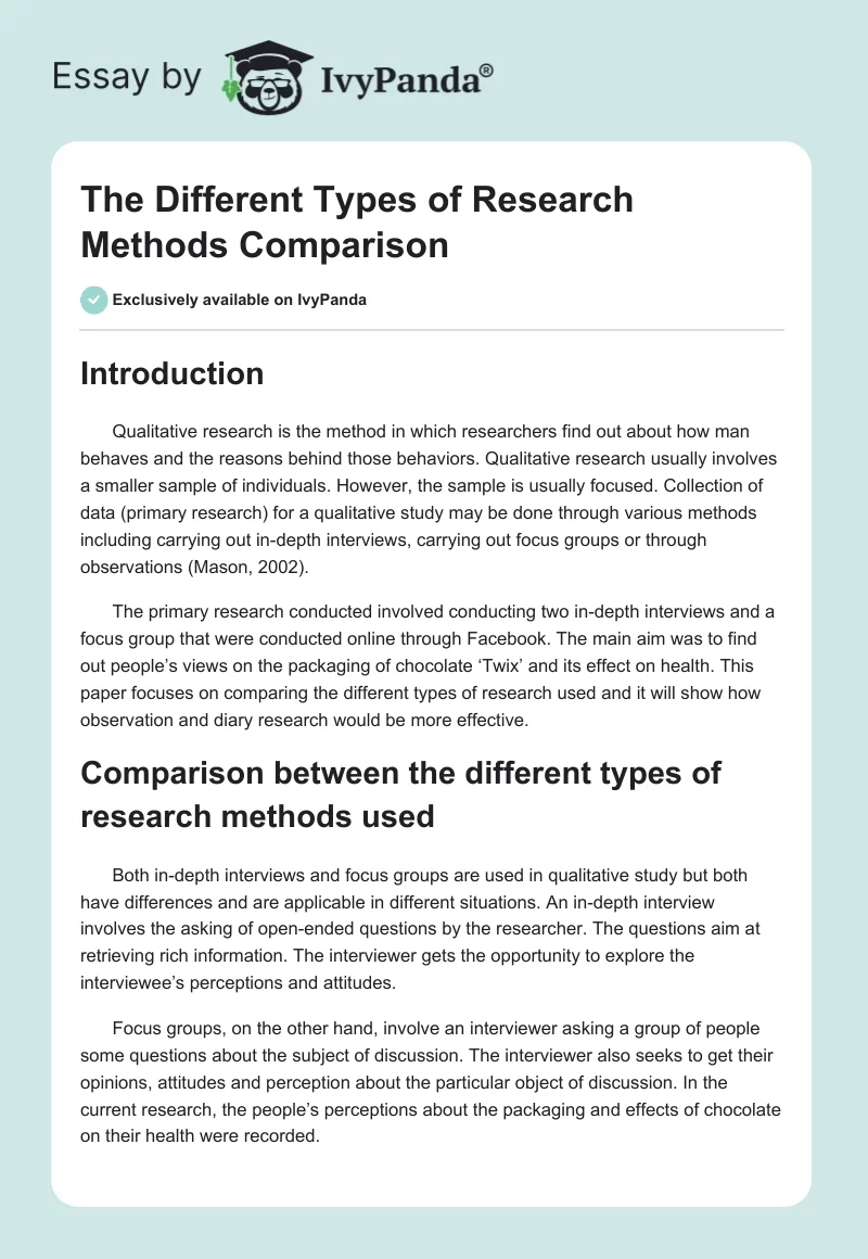 The Different Types of Research Methods Comparison. Page 1