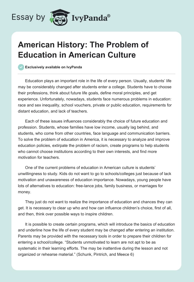 American History: The Problem of Education in American Culture. Page 1