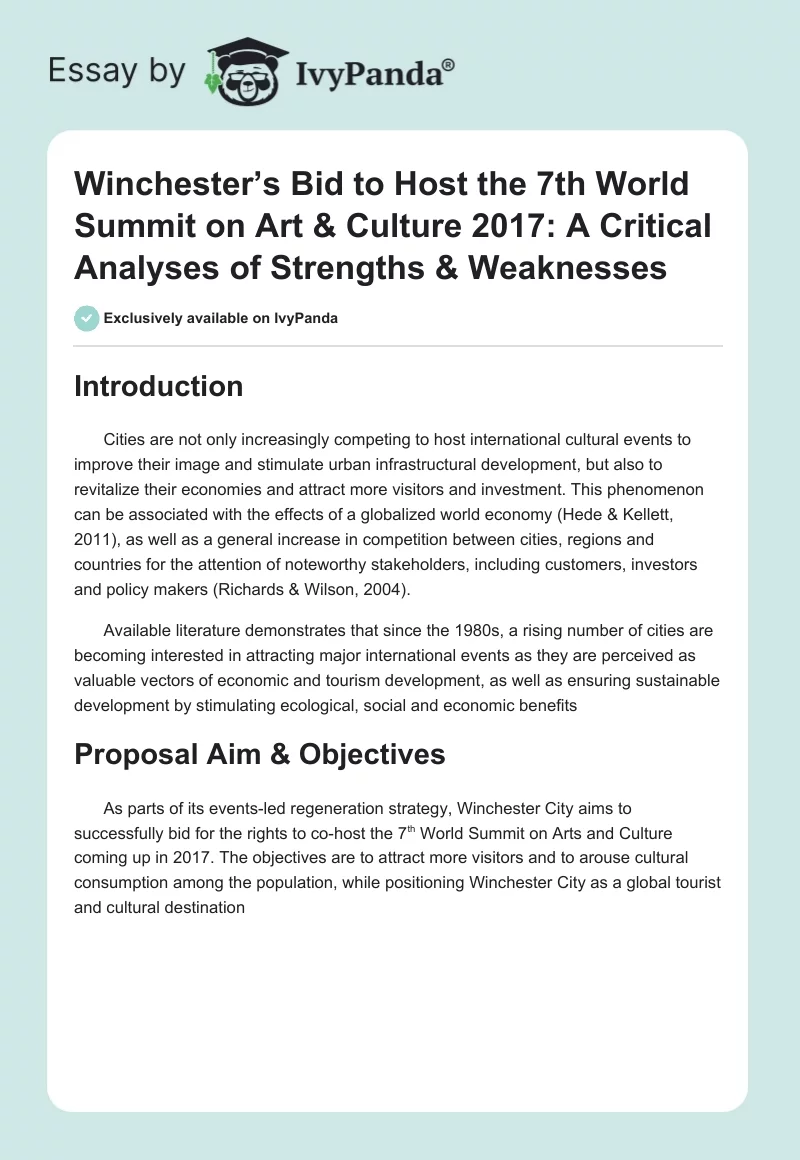 Winchester’s Bid to Host the 7th World Summit on Art & Culture 2017: A Critical Analyses of Strengths & Weaknesses. Page 1
